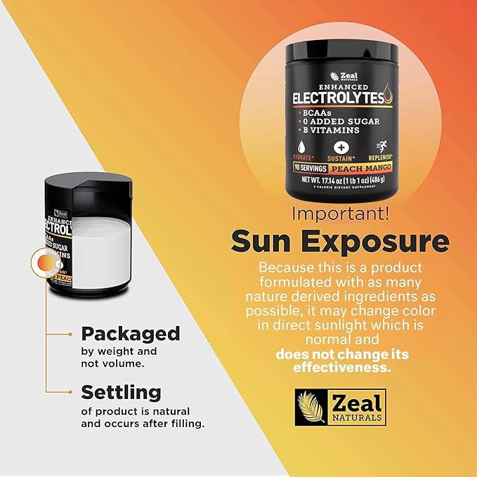 Zeal Electrolyte Powder - 90 Servings | Keto Electrolytes Powder | Zero Sugar, BCAAs, B-Vitamins | Potassium, Zinc, Magnesium | Hydration Powder Recovery Drink | Peach Mango