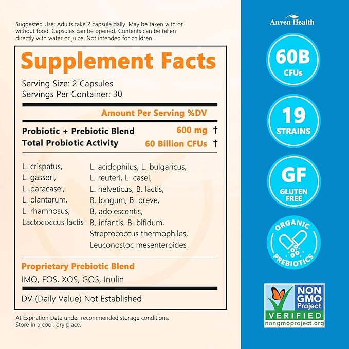 60 Billion Probiotics for Women and Men 19 Strains 5 Organic Prebiotics for Gut Digestive & Immune Health, Supports Diarrhea Gas Bloating, Non-GMO, Zero Fillers – Made in USA丨60 Caps