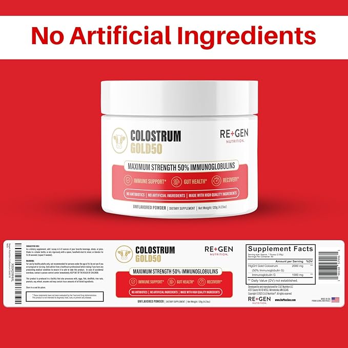 Re+Gen Nutrition Colostrum Gold 50 Bovine Colostrum Powder for Gut Health, Immune Support & Muscle Recovery – 50% IgG Concentration, Grass Fed, Gluten Free, No Artificial Ingredients