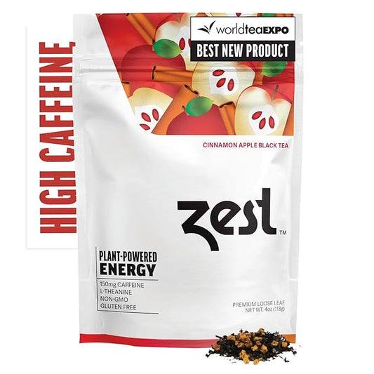 Zest 150mg High Caffeine Energy Loose Leaf Blend - Cinnamon Apple Black Tea - 4 Oz - All Natural Strong Flavored Healthy Coffee Alternative Highly Caffeinated Substitute - Perfect for Keto Diet