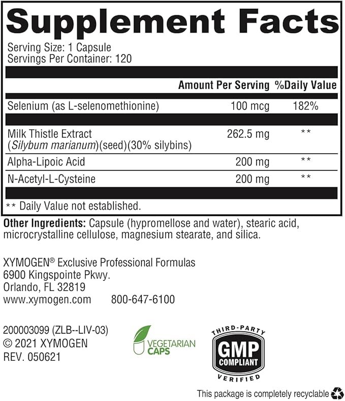 XYMOGEN Liver Protect - Supports Liver Health + Glutathione Production - Milk Thistle Extract, ALA Alpha-Lipoic Acid, N-Acetyl-L-Cysteine, Selenium L-Selenomethionine (120 Capsules)