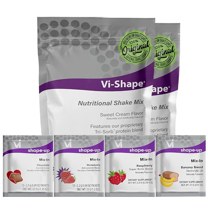 Vi-Shape - 4 Flavor Variety Pack Nutritional Meal Replacement Shake Mix-Ins - Chocolate, Strawberry, Raspberry, Banana Bread - 60 Mixed Flavor Packets