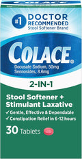 Colace 2-In-1 Stool Softener & Stimulant Laxative Tablets, Gentle Constipation Relief in 6-12 Hours, 30 Count