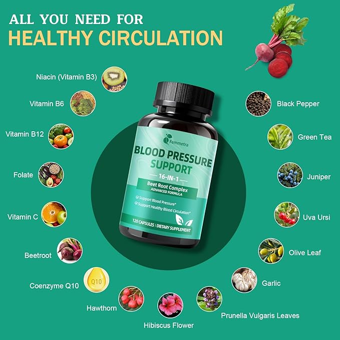 16-in-1 Beet Root Capsules - 500mg Beetroot Powder for Healthy Blood Circulation & Heart Healthy Energy Support - Beet Supplement Blood Pressure Support, Non-GMO, Gluten Free - 120 Vegan Capsules