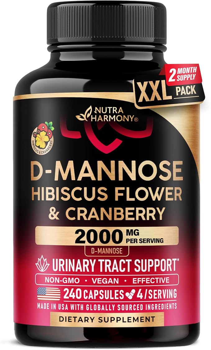 D-Mannose 2000mg with Cranberry & Hibiscus - Clinically Tested Strength for Urinary Tract Health - Supplement for Women - Bladder, Liver & Microflora Support - Made in USA - Vegan, 240 Capsules