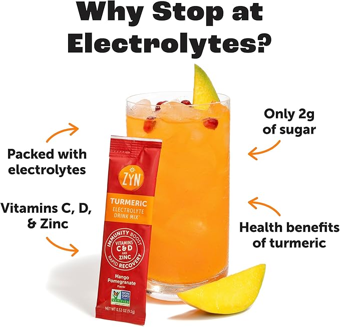 ZYN Electrolyte Drink Mix Hydration Packets, Mango Pomegranate Electrolytes Powder, Pack of 32