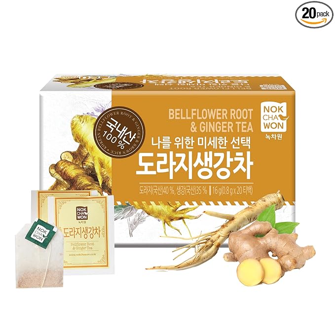 [Nokchawon] Bellflower Root Ginger Tea, Caffeine Free, Premium Pure Herbal Tea, Zero Calories Korean Tea, for Stocking Stuffers and White Elephant Gifts, 20 Count Tea Bags, 0.56oz(16g)