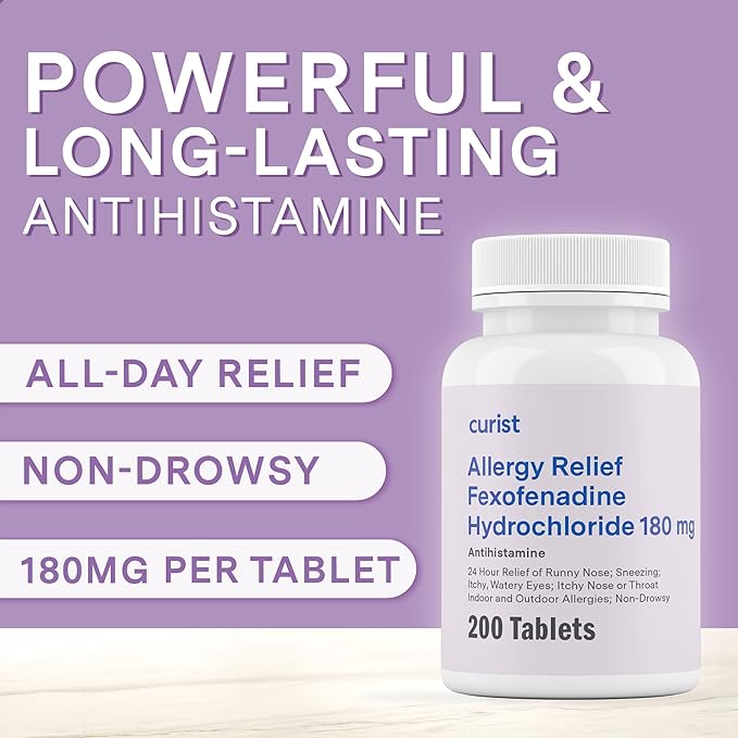 Curist Fexofenadine Hydrochloride 180mg (200 Tablets) Non Drowsy Allergy Medication - 24 Hour All Day Allergy Relief Tablets for Runny Nose, Itchy Eyes and Throat - Hay & Cedar Fever (200 Tablets)