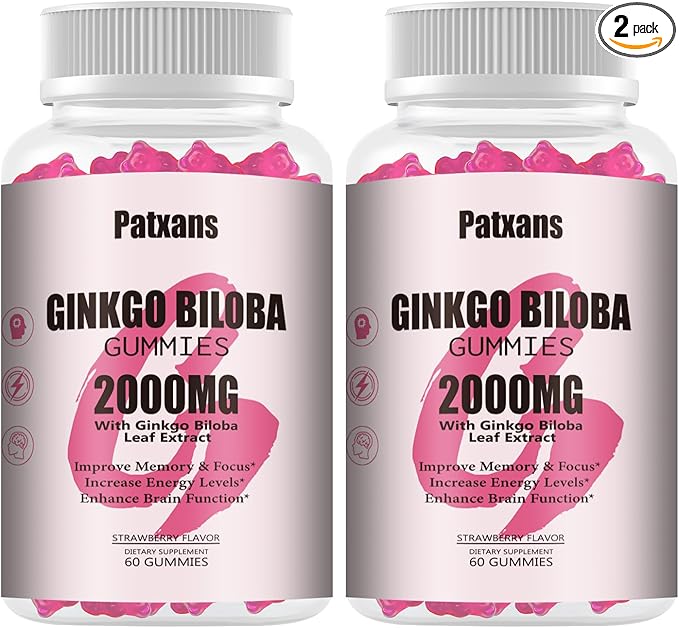 2 Packs 2000mg Ginkgo Biloba Gummies - Ginkgo Biloba Supplements for Brain Health Support, Improve Mood and Focus, Energy, Adult, Strawberry Flavor, 120 Count