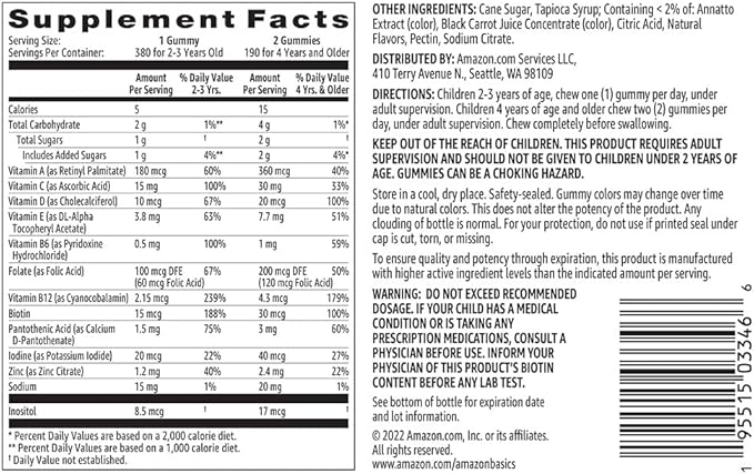 Amazon Basics Kids' Multivitamin Gummies, Cherry, Strawberry & Orange, 380 Count (2 Packs of 190) (2 per Serving) (Previously Solimo)