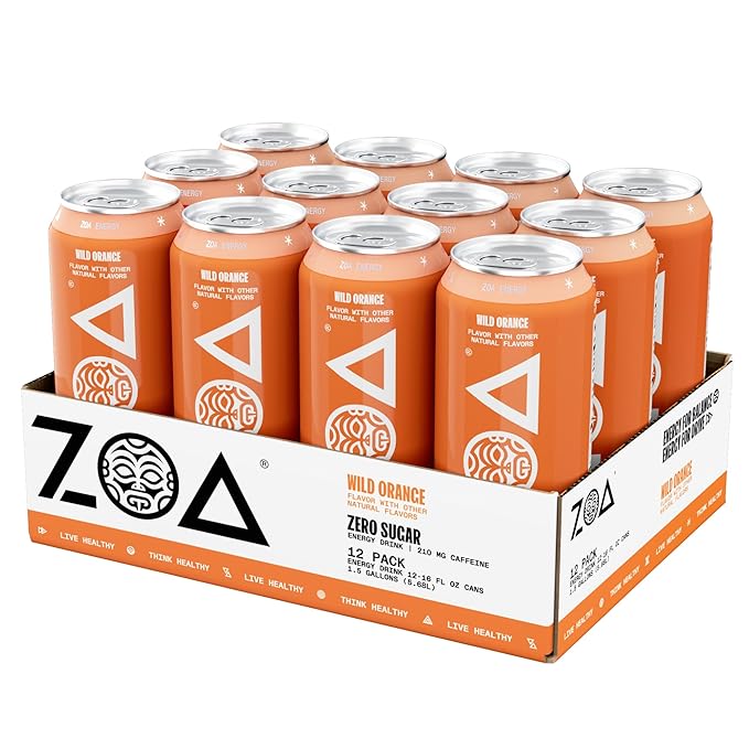 ZOA Zero Sugar Energy Drinks, Wild Orange - Sugar Free with Electrolytes, Healthy Vitamin C, Amino Acids, Essential B-Vitamins, and Caffeine from Green Tea - 16 Fl Oz (12-Pack)