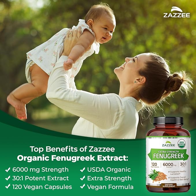 Zazzee USDA Organic Fenugreek 30:1 Extract, 6000 mg Strength, 120 Vegan Capsules, 4 Month Supply, Standardized and Concentrated 30X Extract, 100% Vegetarian, All-Natural and Non-GMO