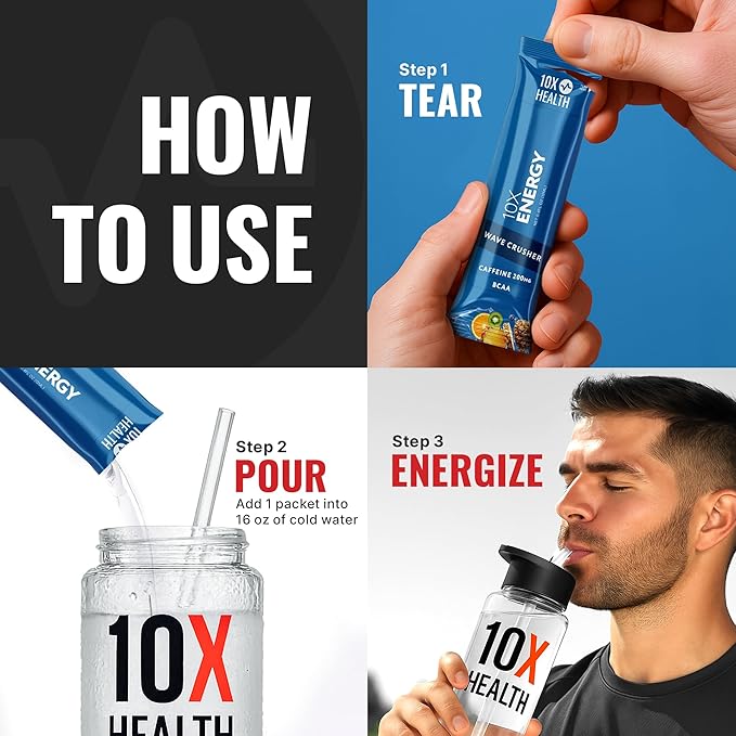 10X Health - Energy Wave Crusher - Energy Drink with 200mg Caffeine, BCAAs, B Vitamins, Accelerated Absorption - Tropical Punch Pre-Workout Drink - 15 Drink Mix Packets (Wave Crusher - Energy)