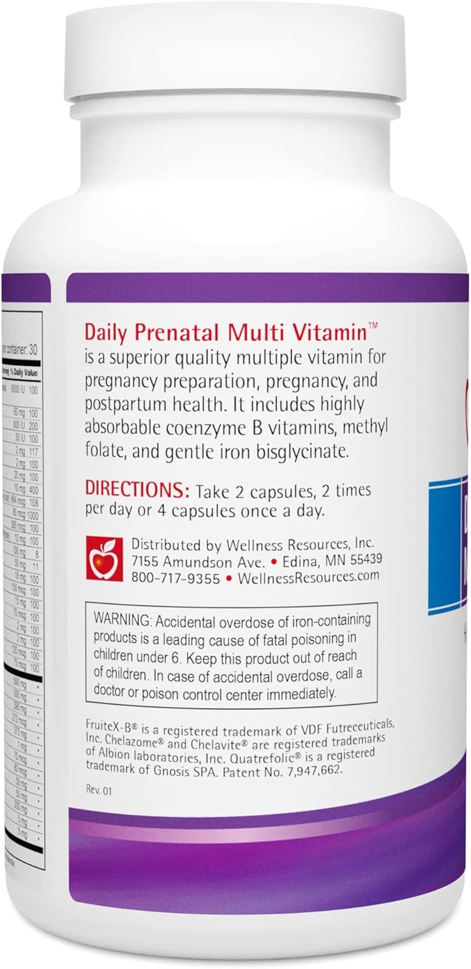 Wellness Resources Daily Prenatal Multi Vitamin - Methylated Folate Zinc Iron Bisglycinate Choline & Key Nutrients - Natural Prenatal Postnatal Postpartum Vitamins for Women - 120 Caps