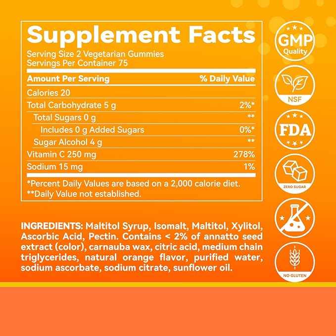 Zero Sugar Vitamin C Gummies 250 mg per Serving, Immune & Antioxidant Support, Natural Orange Flavor, 150 Count, 75 Day Supply, Sugar-Free, Vegetarian Gummies, No Artificial Sweeteners or Flavors