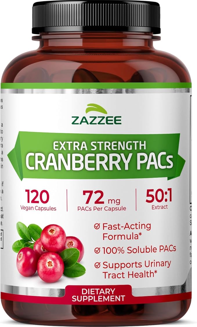 Zazzee Cranberry PACs, 72 mg PACs per Capsule, 2X Strength, 100% Soluble, 120 Vegan Capsules, 50:1 Extract, 18,200 mg Strength, Fast-Acting, Effective Urinary Tract UTI Support, Made in The USA