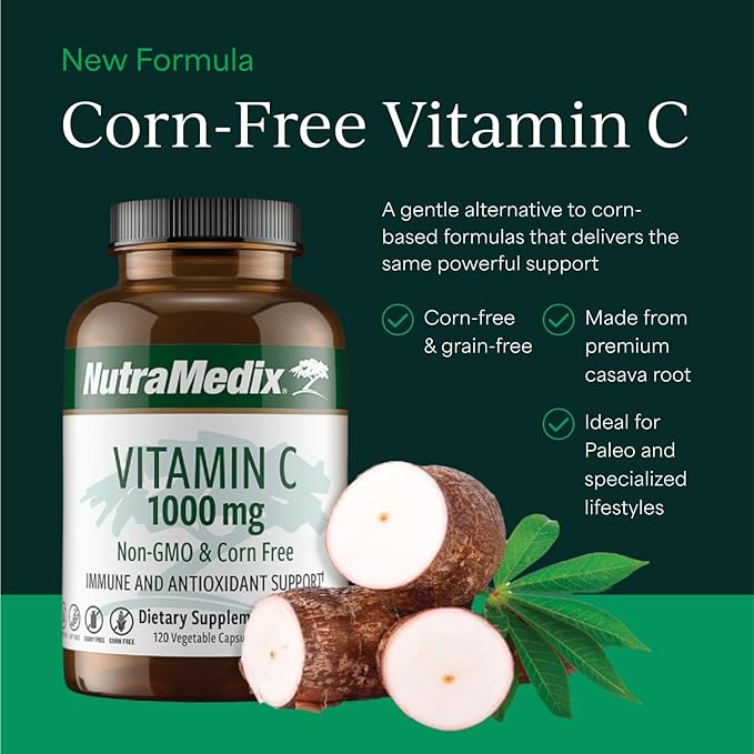 NutraMedix Corn-Free Vitamin C Capsules - Antioxidant & Seasonal Immune Support - Vitamin C Supplement with Ascorbic Acid Sourced from Tapioca - 1000 mg (120 Vegetable Capsules)