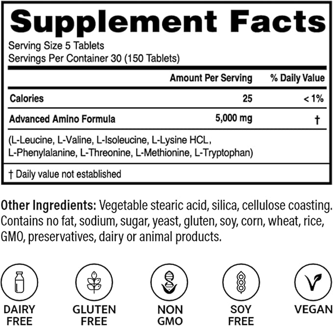 – Advanced Amino Formula Tablets, Amino Acid Supplement, Build Muscle, Post Workout Recovery, Energy, Stamina, Non-GMO, Gluten Free, Dairy Free, Vegan (150 Tablets)