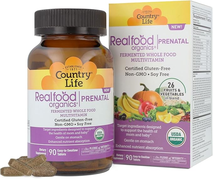 Realfood Organics Prenatal Multi - Before, During, & Post Pregnancy - Folate, D3 & Iron to Support Healthy Fetal Growth and Development*, Gentle on Stomach, Gluten-Free, Soy Free, 90 Tablets
