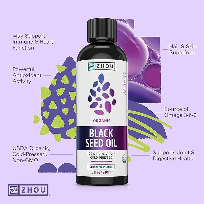 ZHOU Organic Black Seed Oil - Black Cumin Seed Oil Cold Pressed, Nigella Sativa, Pure Unrefined Blackseed Liquid, Premium Supplement for Health with Thymoquinone, Omega 3 6 9-8 Fl Oz (Pack of 2)