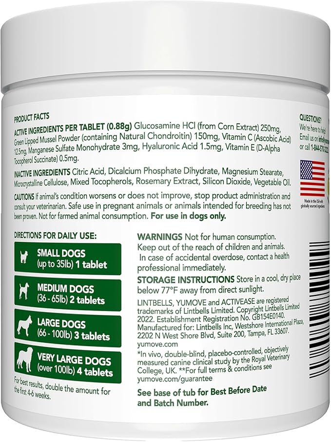 Yumove Hip & Joint Supplement for Dogs with Glucosamine, Hyaluronic Acid, Green Lipped Mussel & Omega 3 Joint Supplement - Regular or Advanced Strength (120 Count, Chewable Tablets)