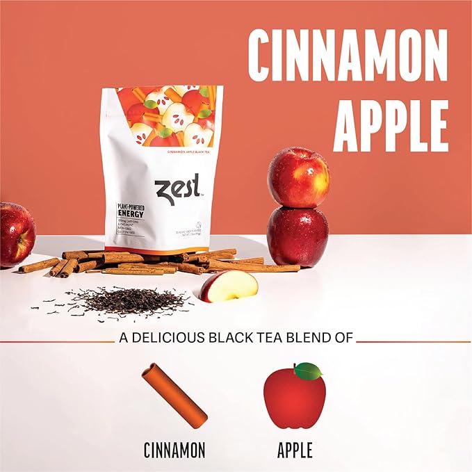 Zest Energy Tea - Cinnamon Apple Spice High Caffeine Black Tea Bags - Caffeinated Coffee Altnernative/Substitute - Natural, Non-GMO & Keto Friendly - Hot or Iced - 20Ct Pack - 150mg Caf