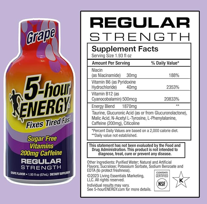 5-hour ENERGY Regular Strength Energy Shot 1.93oz, 20-Pack – Sugar Free Caffeine Energy Booster with B-Vitamins & Amino Acids – Zero Calorie (20 Bottles – Single Flavor, Grape Regular Strength)
