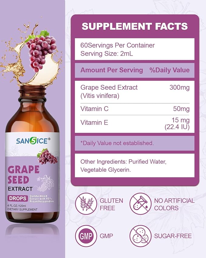 Grape Seed Liquid Drops, Organic Grape Seed Extract Supplement Standardized to 95% Polyphenols, High Absorption Vitis Vinifera Seed Tincture with Vitamin C & E, Alcohol Free, Non-GMO (4 FL OZ)