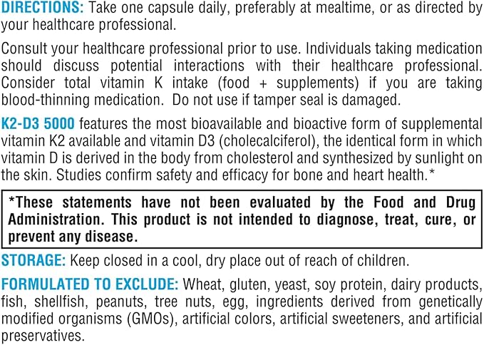 XYMOGEN K2-D3 5000 - Vitamin D3 K2 - Bioavailable Vitamin D 5000 IU (Cholecalciferol) with MK-7 - Heart, Arterial, Bone Health + Immune Support Supplement (60 Capsules)
