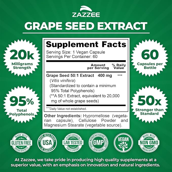 Zazzee High Strength Grape Seed 50:1 Extract, 60 Vegan Capsules, 95% Polyphenols, 400 mg per Capsule, 2 Month Supply, Standardized and Concentrated 50X Extract, Non-GMO, Made in The USA