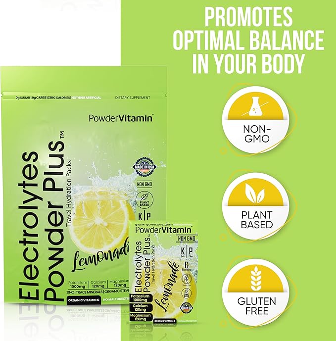 PowderVitamin Electrolytes Powder Plus, Keto, Lemonade, Zero Sugar, 1000mg Potassium, 120mg Calcium, 120mg Magnesium, Non-GMO, Zero Calories, 30 Hydration Packets