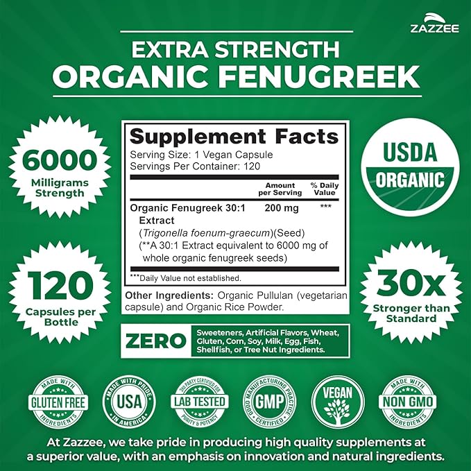 Zazzee USDA Organic Fenugreek 30:1 Extract, 6000 mg Strength, 120 Vegan Capsules, 4 Month Supply, Standardized and Concentrated 30X Extract, 100% Vegetarian, All-Natural and Non-GMO