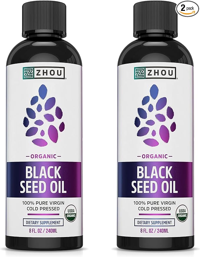 ZHOU Organic Black Seed Oil - Black Cumin Seed Oil Cold Pressed, Nigella Sativa, Pure Unrefined Blackseed Liquid, Premium Supplement for Health with Thymoquinone, Omega 3 6 9-8 Fl Oz (Pack of 2)