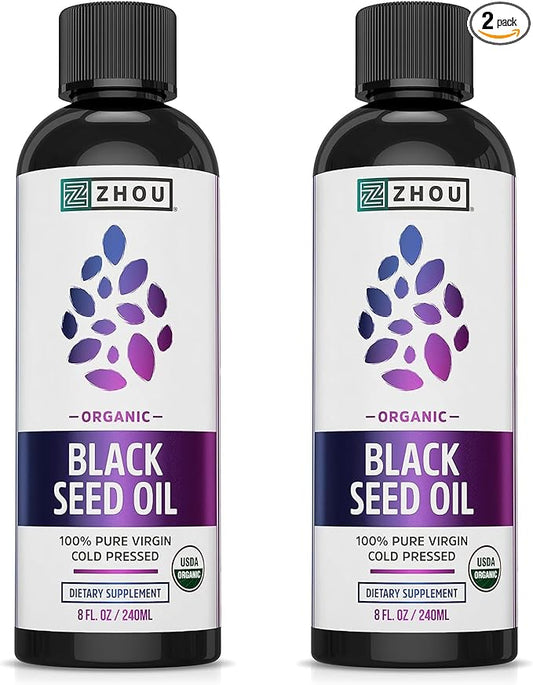 ZHOU Organic Black Seed Oil - Black Cumin Seed Oil Cold Pressed, Nigella Sativa, Pure Unrefined Blackseed Liquid, Premium Supplement for Health with Thymoquinone, Omega 3 6 9-8 Fl Oz (Pack of 2)