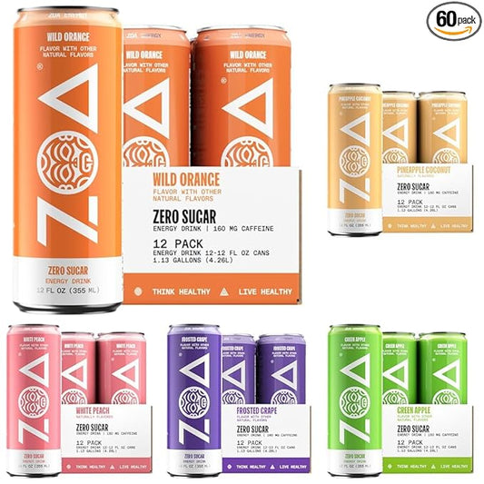 ZOA Zero Sugar Energy Drinks, Fruity Flavors Bundle - Sugar Free with Electrolytes, Healthy Vitamin C, Amino Acids, Essential B-Vitamins, and Caffeine from Green Tea - 12 Fl Oz (60-Pack)