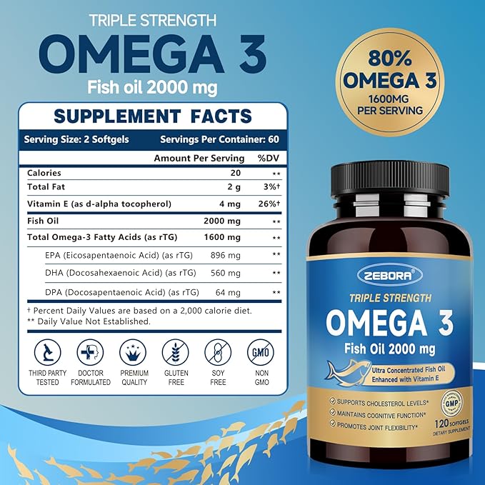 ZEBORA Triple Strength Omega-3 Fish Oil 2000mg – rTG Omega 3 Ultra High-Potency – Supports Heart, Brain, Eye, Skin & Immune Health – Fatty Acids EPA, DHA & DPA, 120 Softgels
