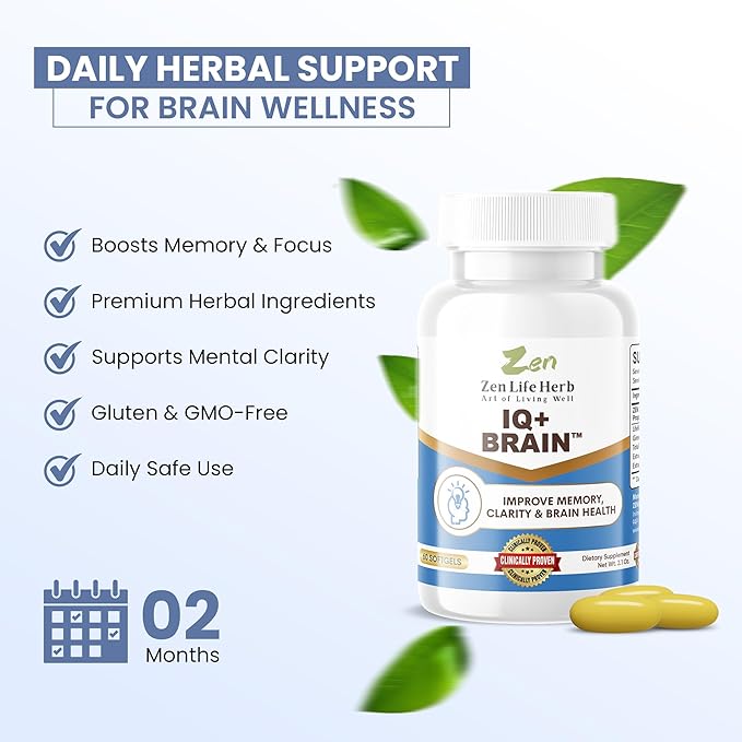 ZEN LIFE HERB IQ+ Brain - Caffeine-Free, Clinically Tested Focus, Concentration, Memory & Energy, Natural Plant-Based Herbal Supplement, No Added Vitamins/Minerals/Mushroom/Sugar (60 Softgels)