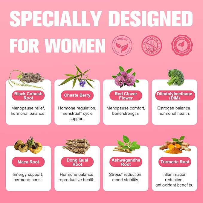40-in-1 Menopause Supplements for Women, Multibenefit & Complete Black Cohosh for Hot Flashes, Night Sweats & Hormone Balance, w/ Probiotics, DIM, Vitex, Dong Quai, Red Clover and More, 120 Vegan Caps