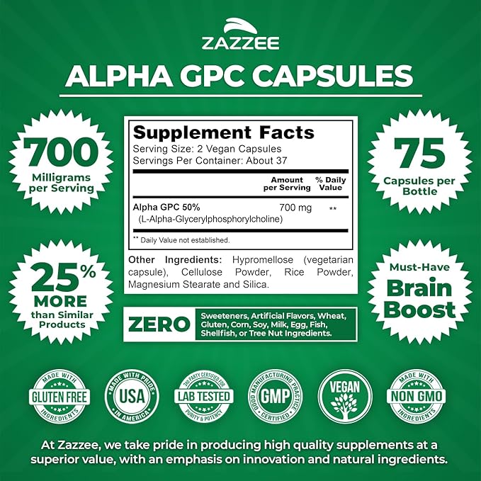 Zazzee Extra Strength Alpha GPC Choline, 700 mg per Serving, 75 Vegan Capsules, 100% Pure Pharmaceutical Grade, 100% Vegetarian, Standardized for Potency and Purity, All-Natural and Non-GMO
