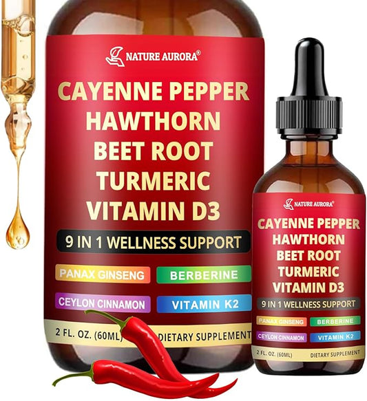 9 in1 Cayenne Pepper Liquid Drops - Cayenne Pepper Extract Drops Supplement Liquid + Hawthorn Berry, Beetroot, Turmeric, Vitamin K2 & D3 - Digestion, Immune and Circulation Support - 2 Fl Oz