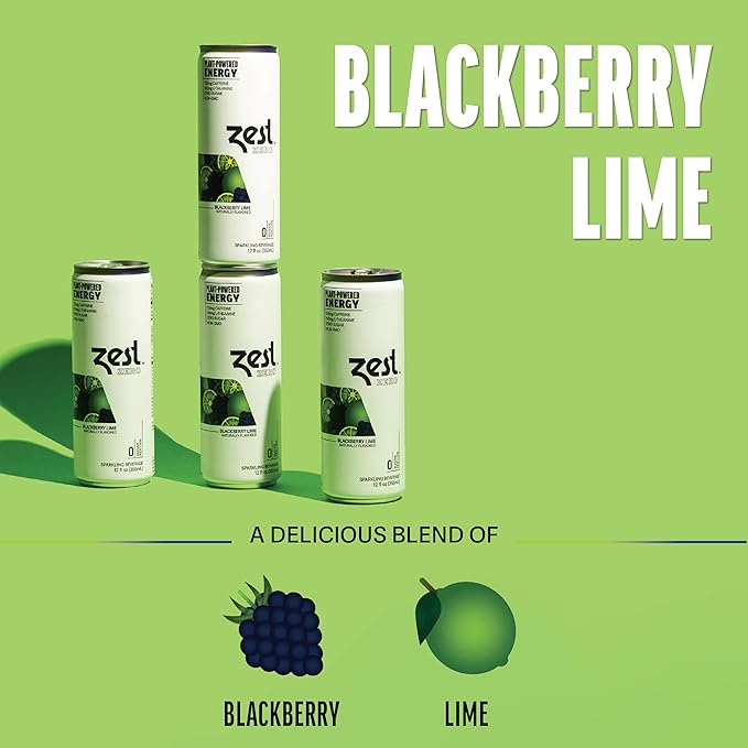 Zest Clean Energy Drink – Blackberry Lime – Zero Sugar, 0 Calories – 120mg Caffeine + 100mg L-Theanine for Focus, Energy & Concentration – Healthy Zero Sugar Energy Drink – 12oz Can, 12 Pack