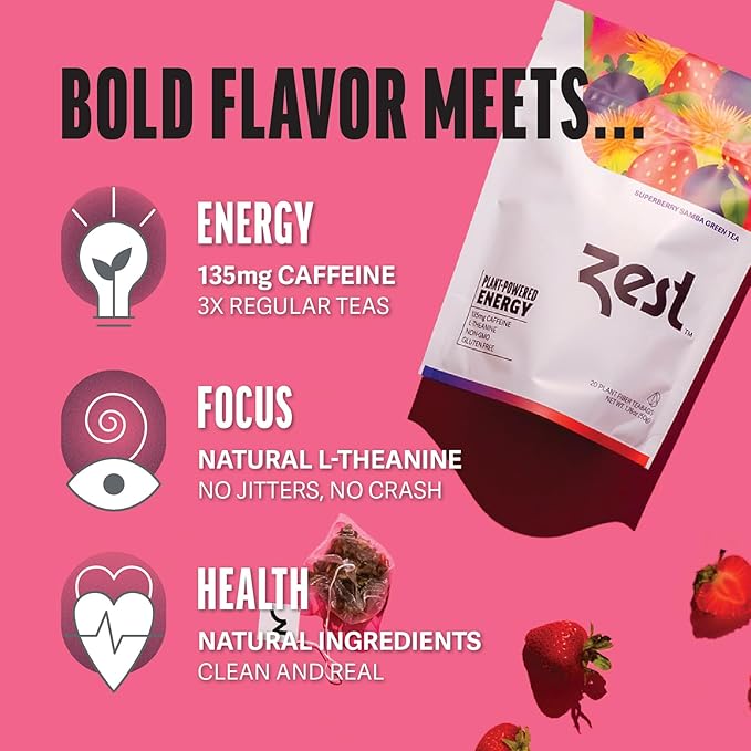 Zest Energy Green Tea - Superberry Samba - High Caffeine Strawberry, Acai, & Passion Fruit Tea - Caffeinated Coffee Altnernative with Antioxidants - Natural, Non-GMO & Keto - 20Ct Pack - 135mg Caf