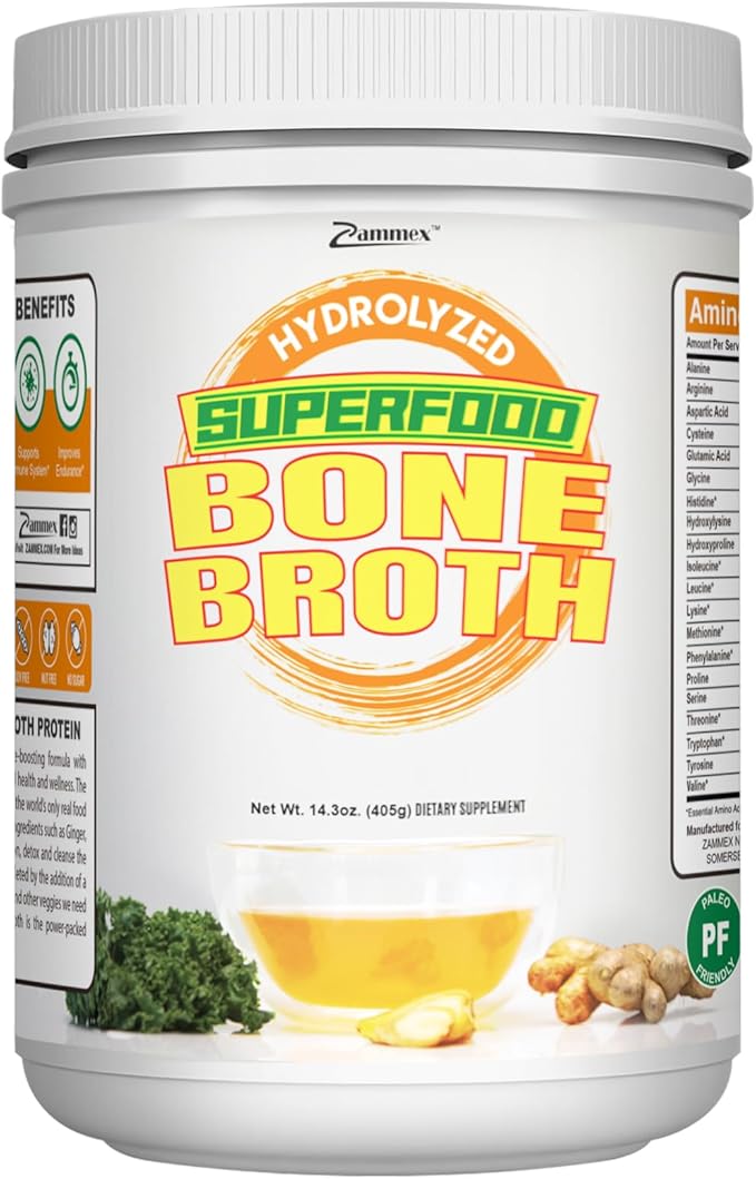Zammex Bone Broth Plus Superfood Protein Powder (Turmeric Flavor), 8g Hydrolyzed Protein with Vitamin D, for Healthy Skin, Nails, Hair, Joints & Digestion,Non-GMO (30 Servings)