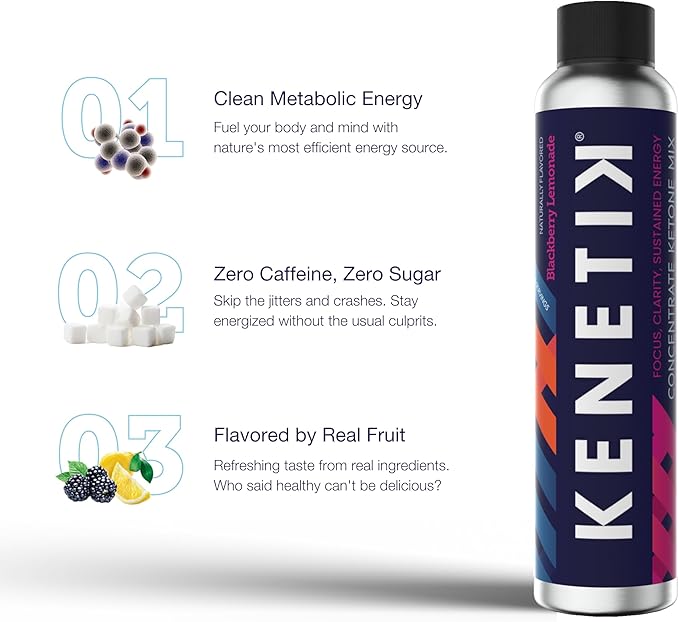 KENETIK Caffeine-Free Focus Concentrate – Brain Fuel for Mental Clarity Cognitive Endurance, Sugar-Free, Bioidentical Ketones (D-BHB), 4oz (4 Servings) – 3 Pack, Strawberry Peach