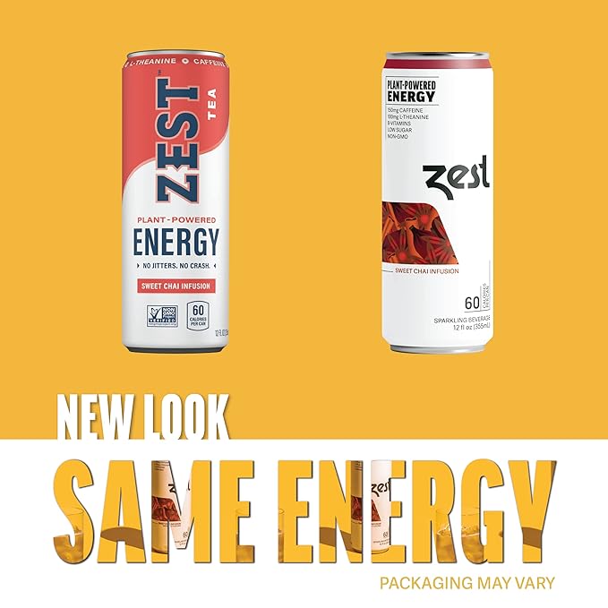 Zest Clean Energy Drink – Sweet Chai Infusion – 150mg Caffeine + 100mg L-Theanine – Natural Focus & Concentration Boost – Healthy Energy Drink 12oz Can 12 Pack – Low Sugar, No Artificial Sweeteners