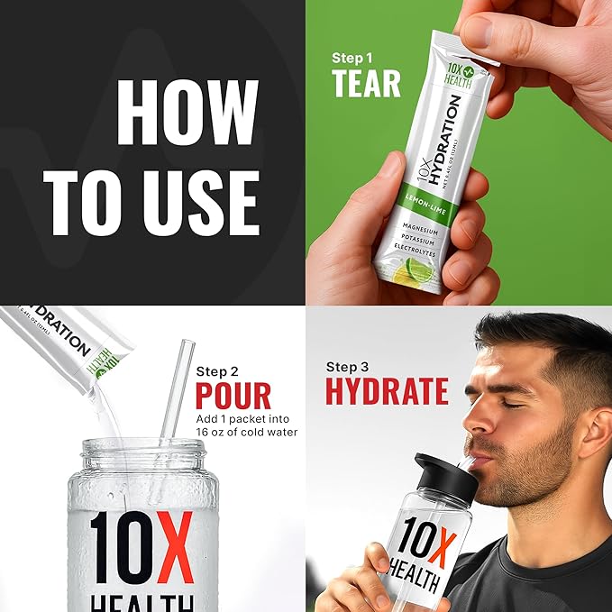 10X Health Electrolyte Drink Mix - Hydration Packets - Sodium, Magnesium, Potassium Citrate & Electrolytes Packets - Naturally Flavored, Dye-Free & Sugar-Free Hydration Packs - 15 Sticks, Lemon Lime