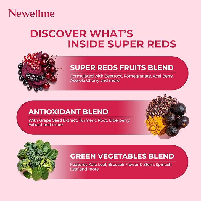NEWELLME Organic Super Reds Beetroot Powder, Nitric Oxide & Blood Pressure Support, Heart & Circulation, Steady Energy, Sugar Free, Non-GMO, Grape Seed Polyphenols, 28 Sachets, Berry Flavor