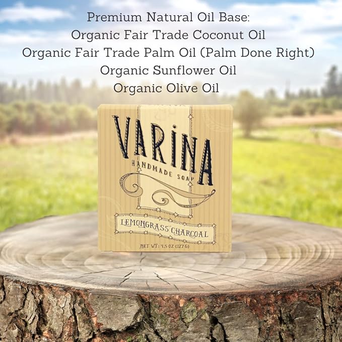Varina Organic Lemongrass Soap - Charcoal Bar Soap - Gentle Cleansing for Sensitive Skin, Herbal and Mint - 3 Pack - Natural Charcoal Soap