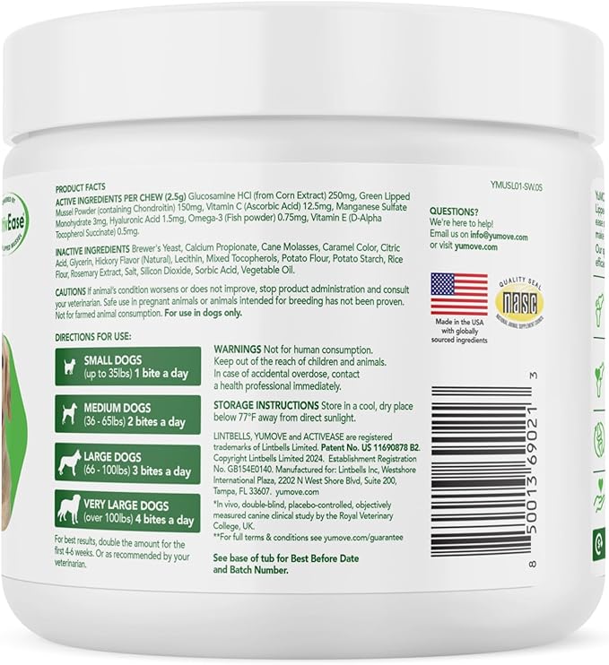 Yumove Dog Joint Supplement, Hip and Joint Supplement for Dogs with Glucosamine Chondroitin, Hyaluronic Acid, Green Lipped Mussel and Omega 3, Dog Hip and Joint Aches and Stiffness (150 Tasty Bites)