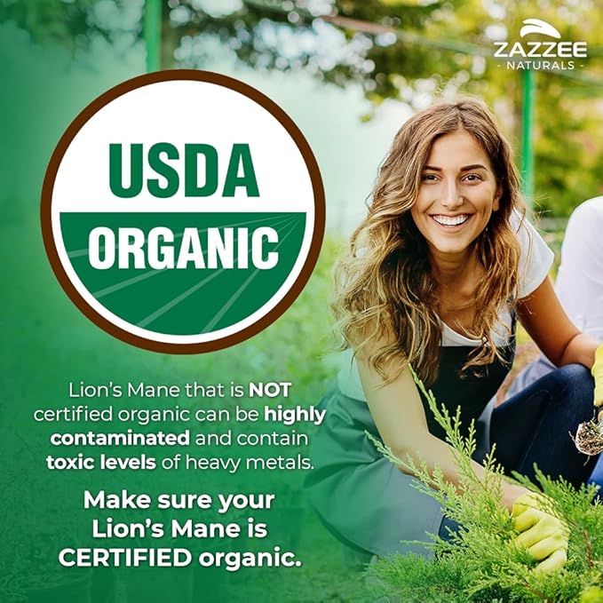 Zazzee USDA Organic Lion's Mane 20:1 Extract, 30% Polysaccharides, 16,000 mg Strength, 120 Vegan Capsules, Nootropic for Brain Health, Focus, Memory, Concentration and Immune Support, Made in The USA